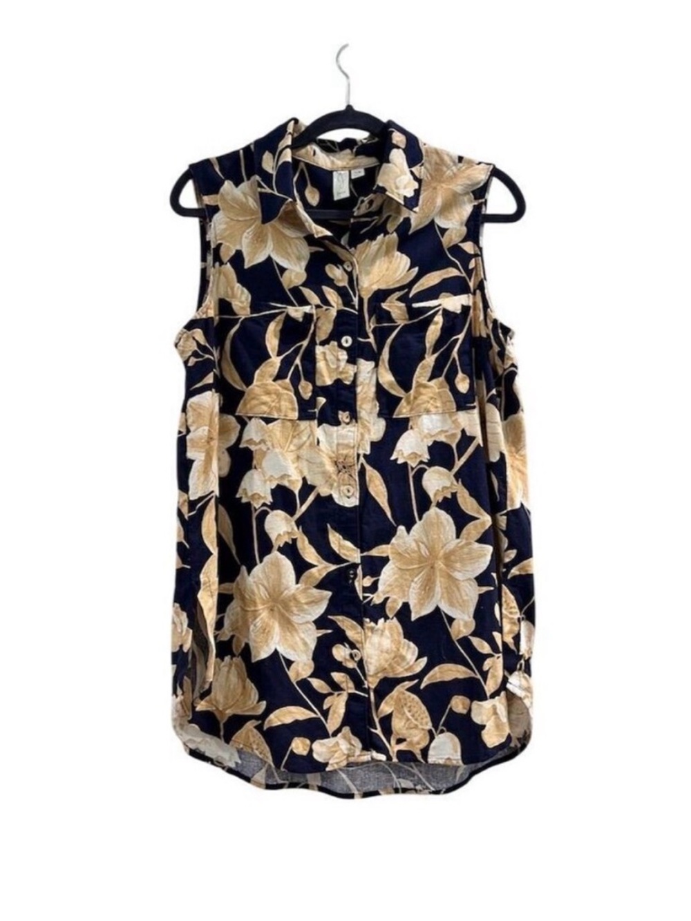 Joie Linen‑Blend Sleeveless Floral Button‑Down – Navy/Beige – Size L